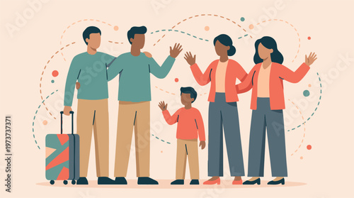 Diverse group of people waving with suitcase, travel and family concept