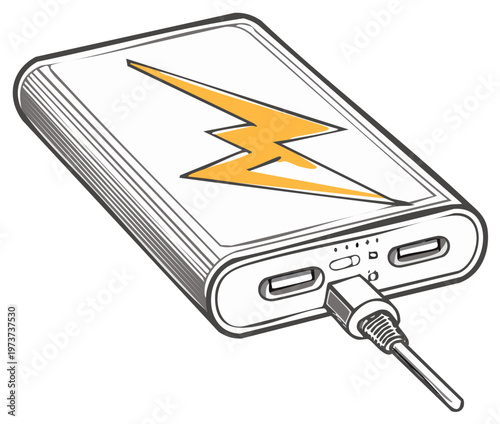Modern power bank with lightning bolt symbol and connected charging cable
