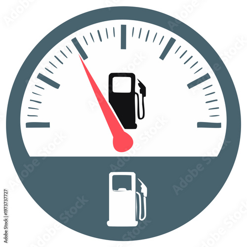 Gas Gauge with Empty Tank Illustration, Fuel Indicator, Red Needle Pointing to Empty on Fuel Meter