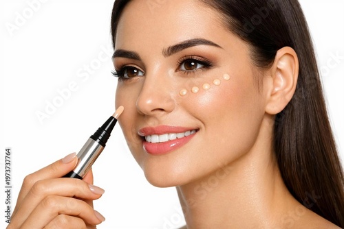 Beautiful young woman applying liquid concealer corrector on her face under eyes isolated on white background