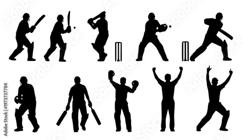 Set of Cricket Player Silhouettes – Flat Black Vector Illustrations for Sports Design