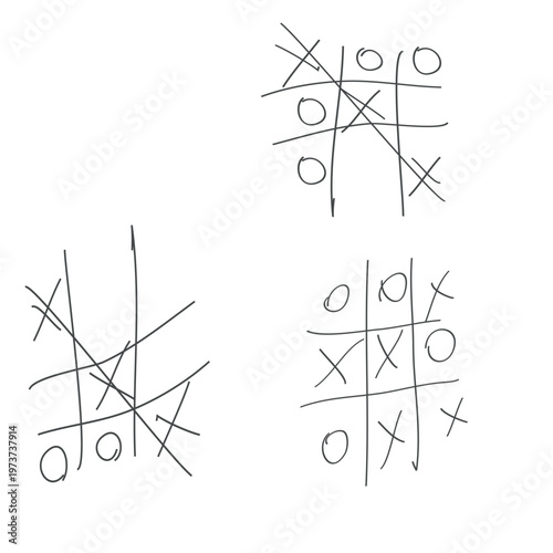 Hand Drawn Tic Tac Toe Game Set. Collection of Three Messy Noughts and Crosses Matches with Scribble X and O Marks  for Strategy and Competition Concepts