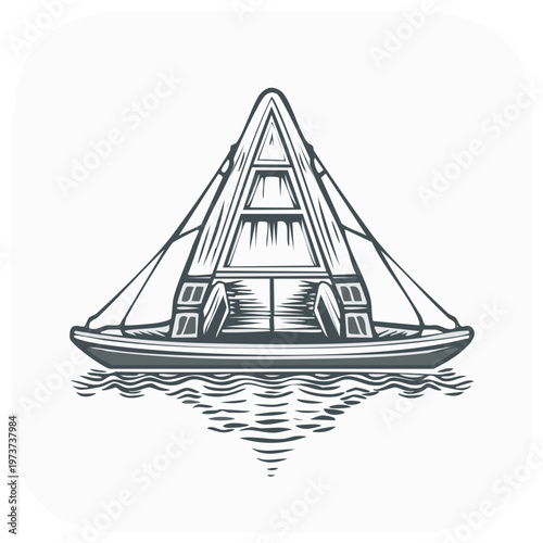 Architectural Catamaran Boat Design Floating on Water Waves in Stylized Outline