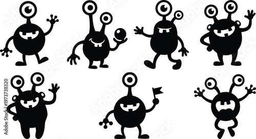 Colorful flat design close up group of seven cute alien monster characters with eye stalks waving holding flag playful silhouettes looking at camera studio white background
