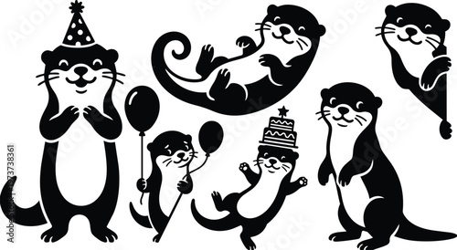 Cute party otter characters in flat vector style set showing smiling otters wearing hats holding balloons cake and peeking pose on white background playful celebration scene