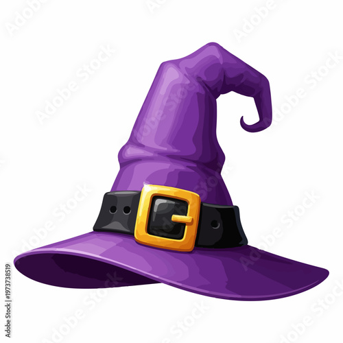 Purple witch hat with gold buckle, cartoon halloween wizard headwear vector, magical sorcerer cap isolated on white background for holiday party design