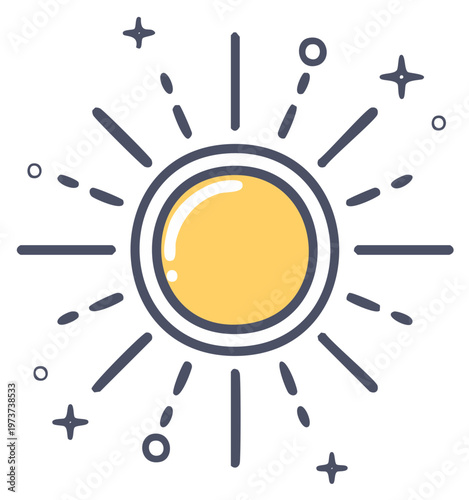 Stylized shining sun with rays and sparkles spreading warmth, bright summer icon