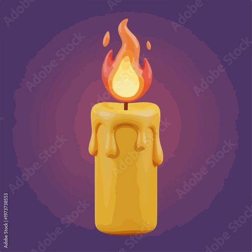 Stylized 3D candle vector illustration, burning wax candle with orange flame, glowing yellow candlelight on purple background, atmospheric lighting