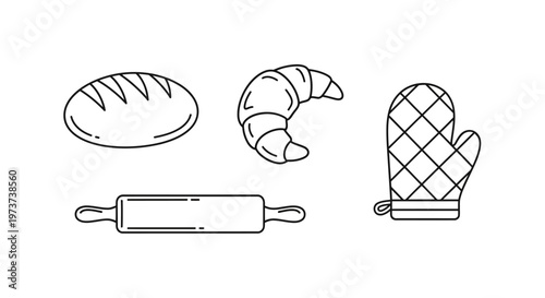 Baking icons including bread loaf, croissant, oven mitt, and rolling pin.