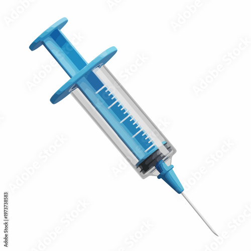 Medical syringe vector illustration, plastic hypodermic needle for vaccination, blue clinical injection tool for healthcare and medicine