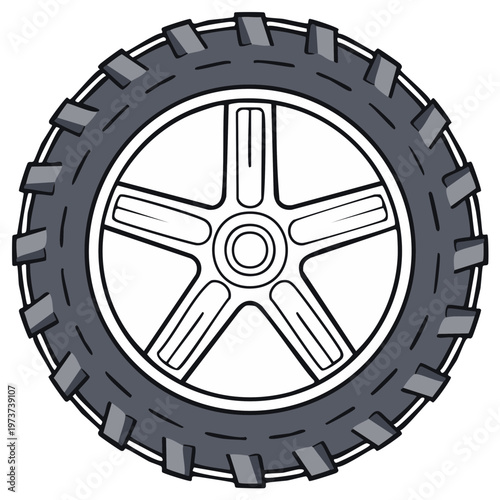 Vector illustration of a rugged gray off road vehicle tire and white five spoke wheel rim