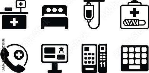 Medical, Hospital, Healthcare Icons, Vector Set of 8 Black Symbols