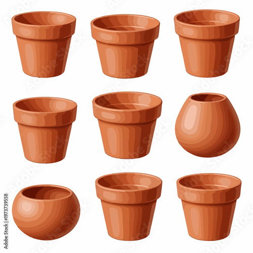 Terracotta flower pots collection, 8 brown clay ceramic planters in various shapes, gardening container vector set for horticulture and home decor