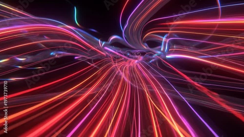 Glowing neon ribbon lines in abstract style on dark background showing concept of energy flow and motion visual