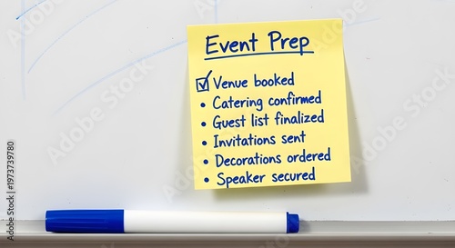 Essential event preparation tasks are meticulously organized on a vibrant yellow sticky note, indicating successful completion of the venue booking.