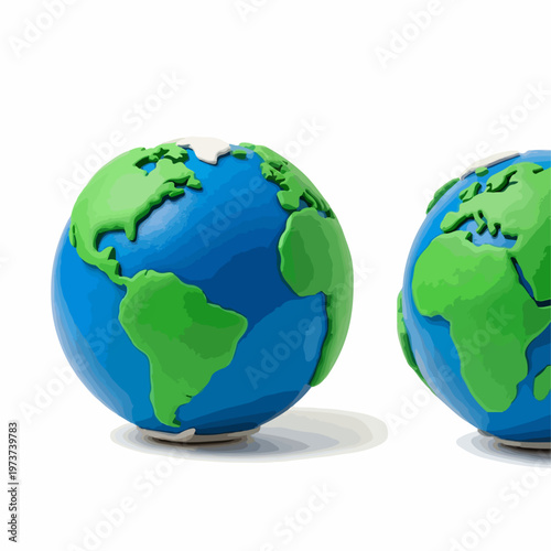 3D clay style earth globe vector, miniature plasticine world map spheres, green and blue handmade planet earth icons for environmental education