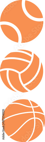 Ball icon set. Linear, silhouette, flat. Set of Orange and Orange sports ball icons. Set of monochrome soccer balls. Football or soccer related. Collection symbol of football, Orange sports balls set