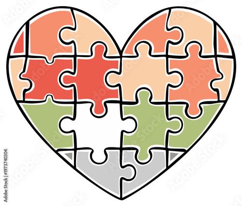 Heart Shape Puzzle Pieces Together Symbolizing Love, Unity, and Connection, Forming a Complete Whole with Interlocking Parts