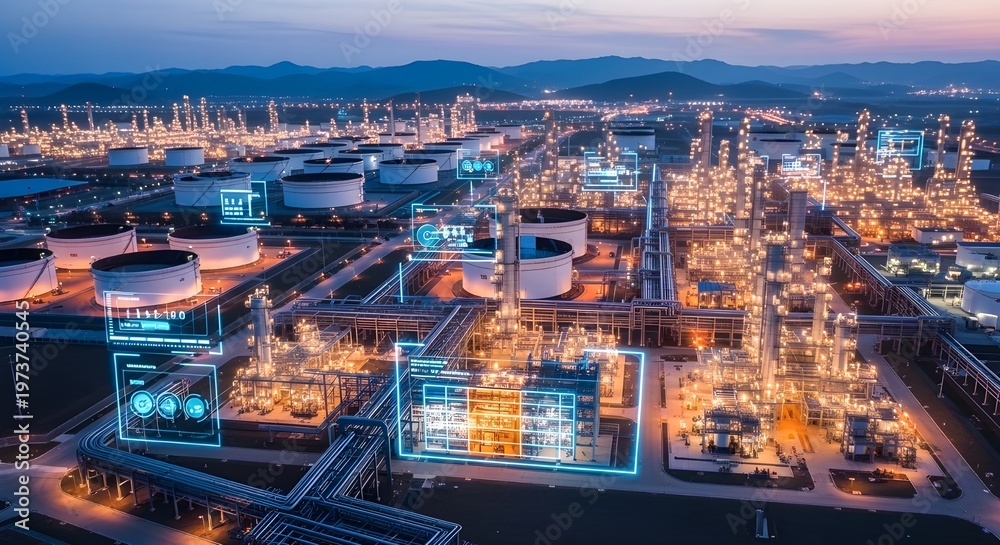 Fototapeta premium Modern oil refinery complex illuminated at night with digital data overlays representing advanced automated monitoring and industrial energy production