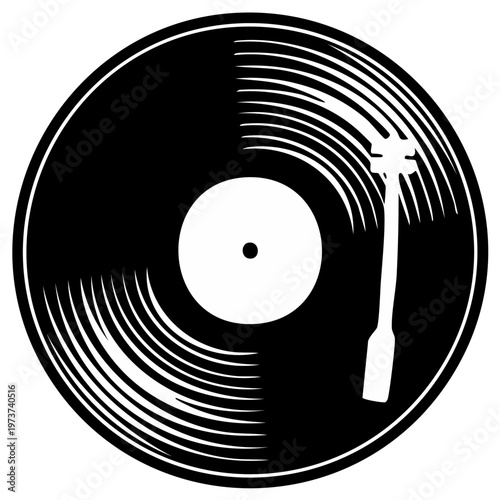 Black and white graphic illustration of a vinyl record and turntable needle