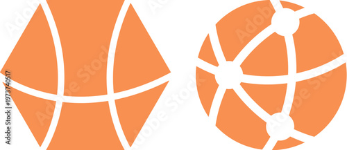 Ball icon set. Linear, silhouette, flat. Set of Orange and Orange sports ball icons. Set of monochrome soccer balls. Football or soccer related. Collection symbol of football, Orange sports balls set