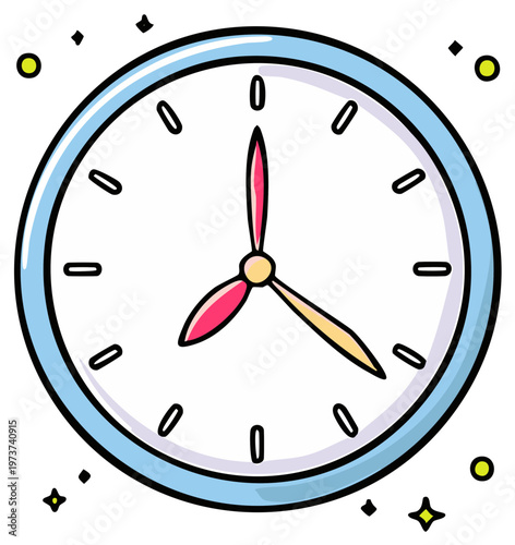 Cartoon analog wall clock with light blue border and stylized hands indicating time