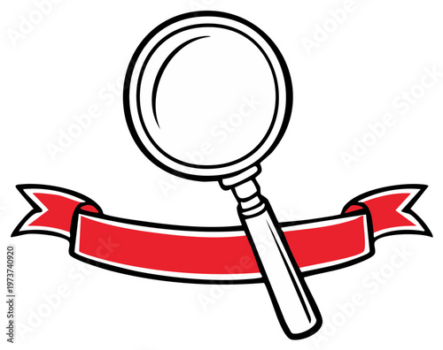 Magnifying Glass Graphic with Red Ribbon Banner for Search and Focus