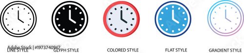 Clock icon set. Time and timer symbols in line, glyph, color, flat and gradient styles. Schedule, deadline, reminder concepts. Vector illustration.