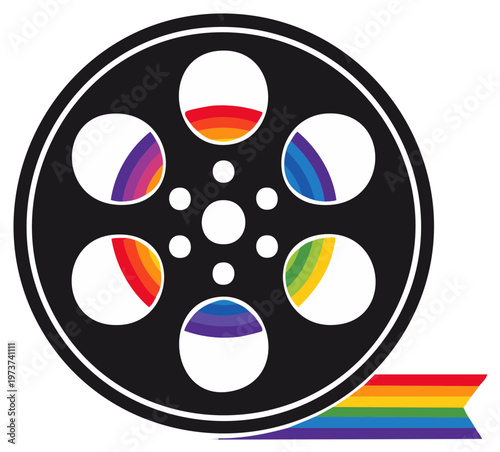 Film Reel with Colorful LGBTQ+ Pride Flag Filmstrip Symbolizing Queer Cinema Celebration