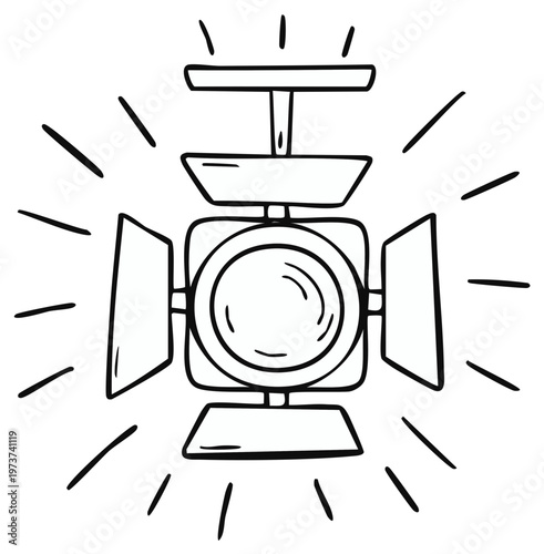 Illustrated spotlight with light beams for stage, studio or theater production