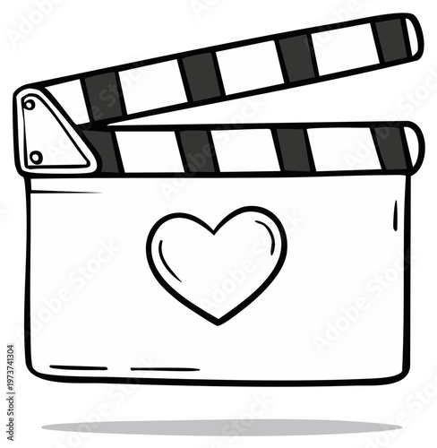 Hand drawn movie clapboard with heart in black and white for cinema love film production