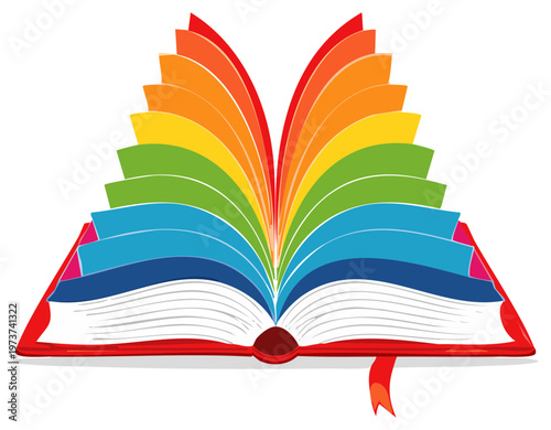 Bright open book showing fanned rainbow colored pages vector illustration