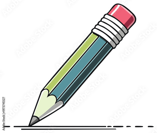 Sharp pencil with pink eraser drawing a dotted line with vibrant colors