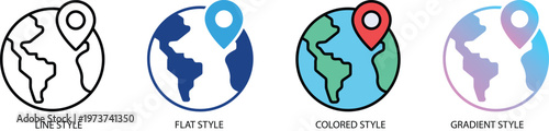 Location pin icon set. Map marker and gps pointer symbols in line, flat, color and gradient styles. Navigation, geolocation, destination sign. Vector illustration.