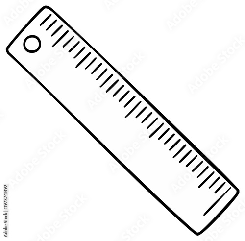 Simple hand drawn outline of a ruler with measurement markings and a hole for hanging