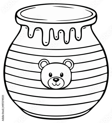 Honey pot illustration with bear face and stripes for coloring activities and projects