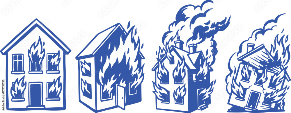 Fototapeta premium Hand Drawn Burning House Silhouette Vector Illustration Set with Fire Disaster Emergency and Damage Building Design.