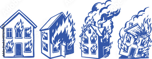 Hand Drawn Burning House Silhouette Vector Illustration Set with Fire Disaster Emergency and Damage Building Design.