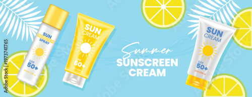 Summer Sunscreen Cream and Cosmetics Products sale banner and spray bottles with tropical leaves and lemon slices, spf 50 for skin protection, 3d render tubes for social media banner, cover design