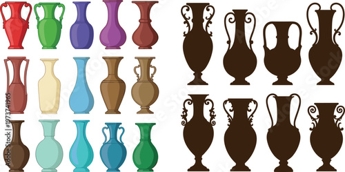 Classic Decorative Amphora Vase Collection with Colorful Ceramic Designs and Elegant Vintage Silhouette Variations in Flat Vector Illustration Set