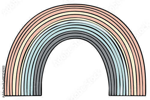 Colorful rainbow illustration with pastel colors and black outline, isolated.