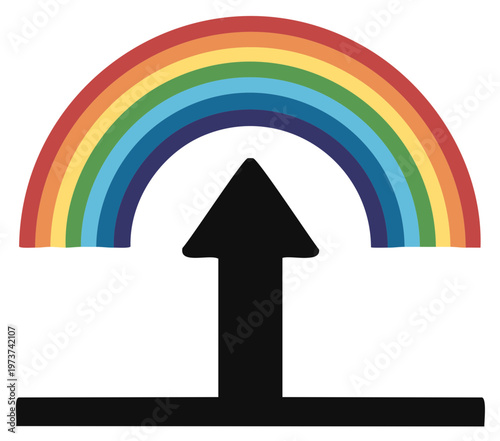 Minimalist graphic illustration of a vibrant rainbow over a rising black arrow
