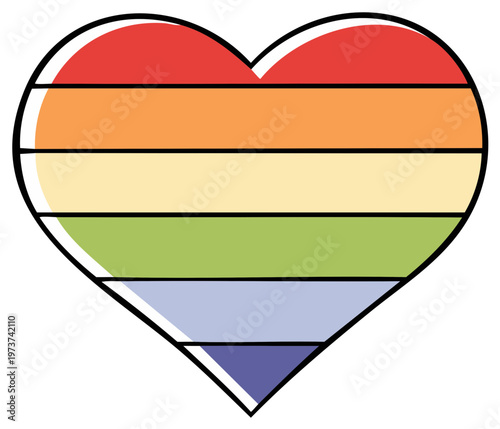Heart shaped symbol with rainbow colored stripes for pride or love.