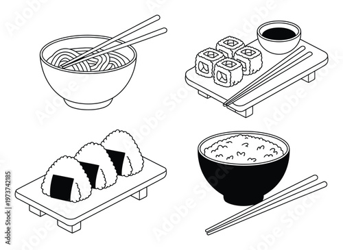 Japanese Food Noodles, Sushi, Onigiri, and Rice