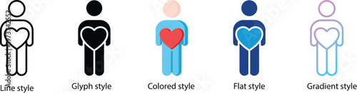 Person holding heart icon set. Charity and healthcare symbols. Love and compassion logotypes. Vector illustration.