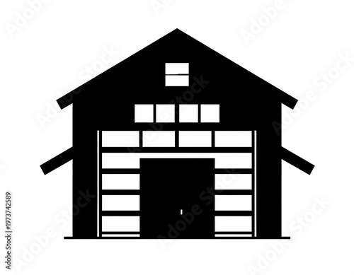 A stark, simple silhouette of a storage structure. Black on white, it features a peaked roof, large entrance, and minimal details