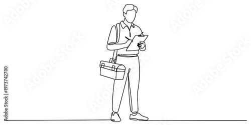 A single continuous line drawing of a male handyman standing while writing on a small clipboard
