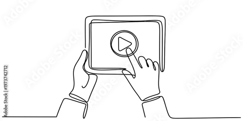 Continuous line drawing of two hands holding a tablet device with a play button on the screen now.