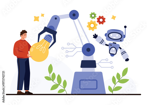 Modern automation concept showing robotic arm, human holding lightbulb, friendly robot, gears, and plants on isolated white background for innovation and technology topics vector illustration
