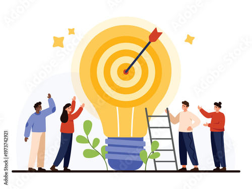 Business team celebrates winning idea and goal achievement with lightbulb and target symbolizing innovation and success on isolated white background vector illustration